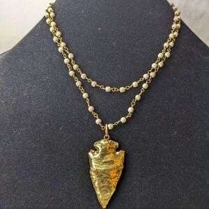Gold-tone Arrowhead Pendant On Brassy Chain With Veiny Howlite Beads, Adjustable